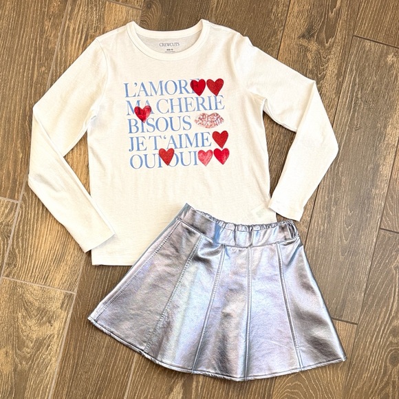 J. Crew Other - J.Crew Girls’ L’Amour Long-Sleeve Sequin Heart Tee/Metallic Faux Leather Skirt—M